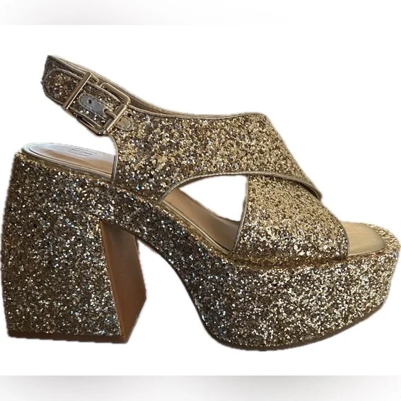 Gianni Bini NWOT GB Gold Glitter Platform Sandals Size 8 Retro Disco Heels - Picture 6 of 8